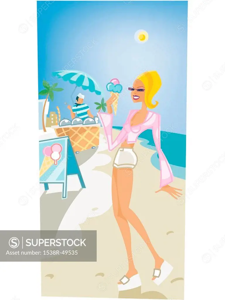 A woman having ice cream on the beach