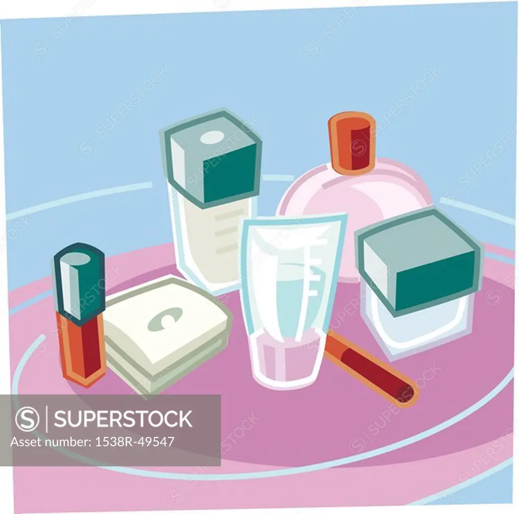 Drawing of a set of cosmetics products