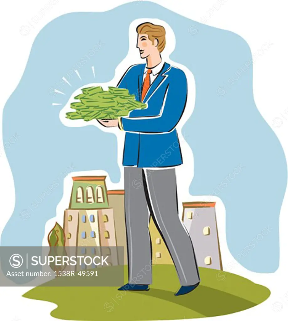 businessman carrying a stack of money
