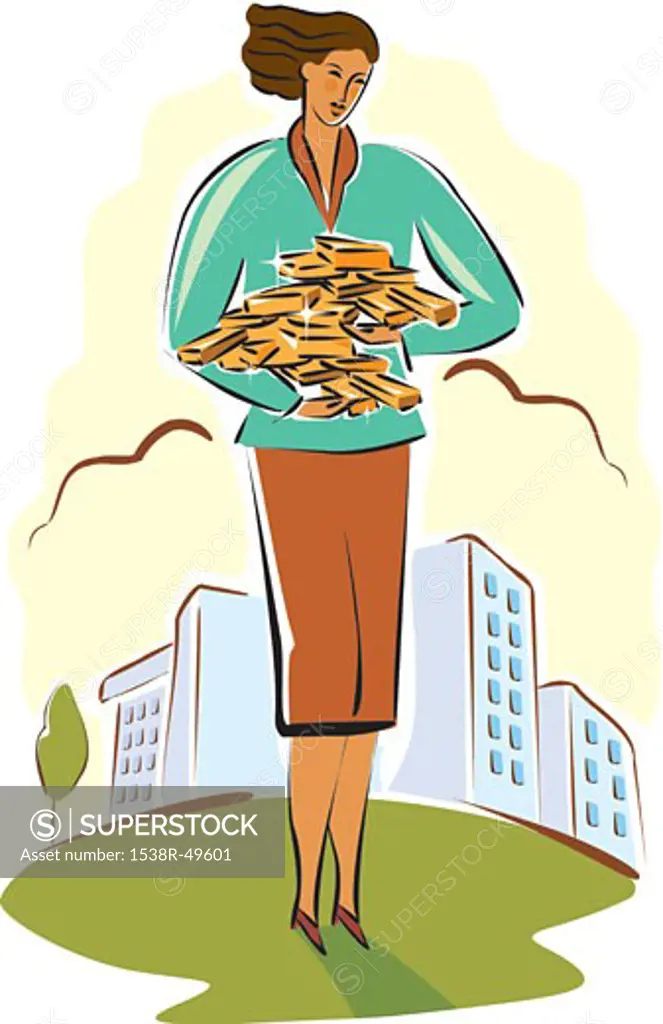 businesswoman carrying gold bars