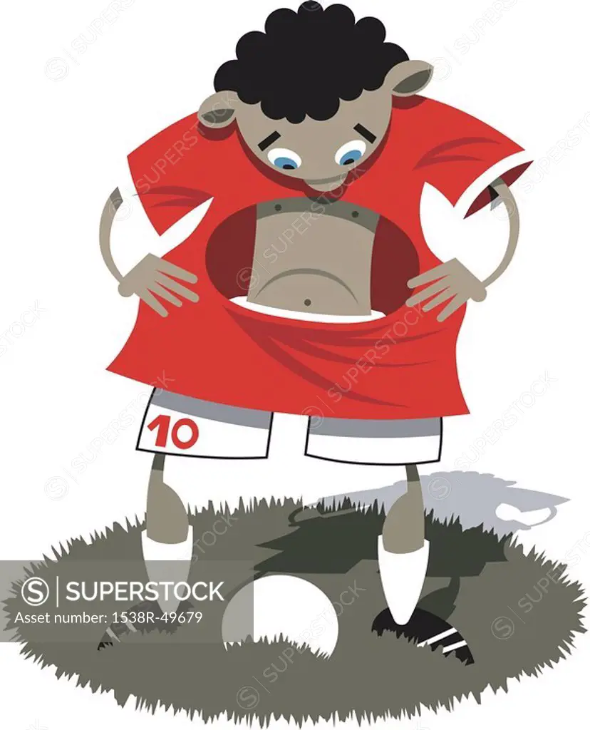A boy in large jersey with a big hole in the middle