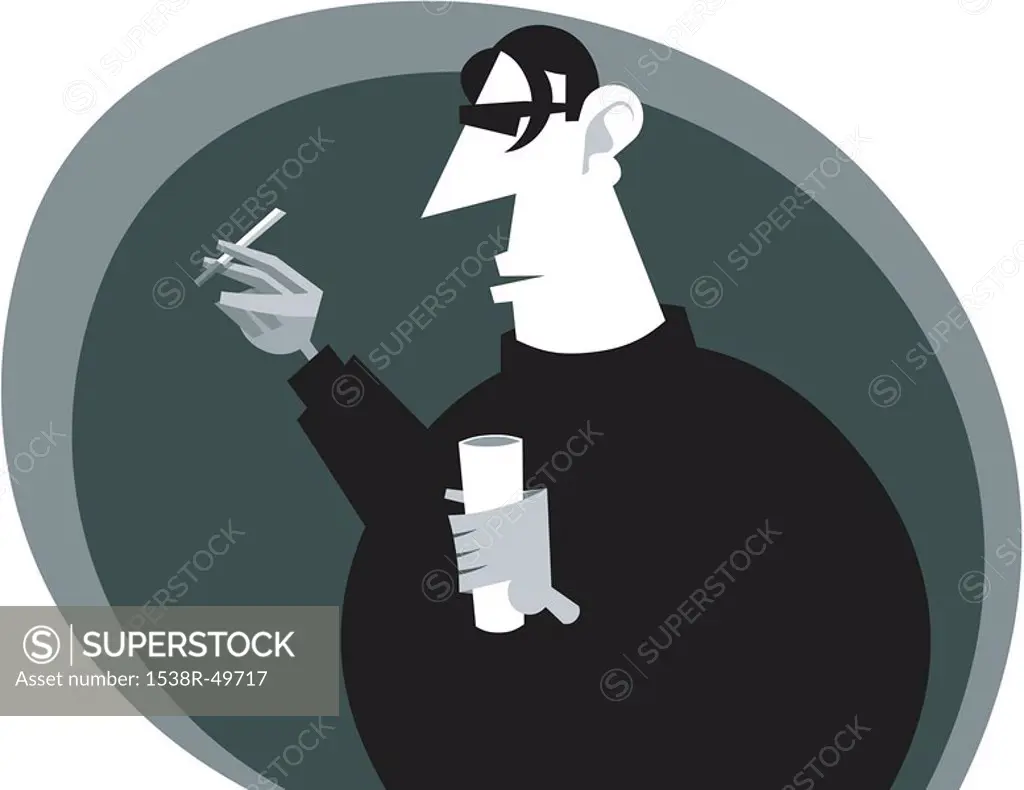 A black and white drawing of a man with a drink and cigarette
