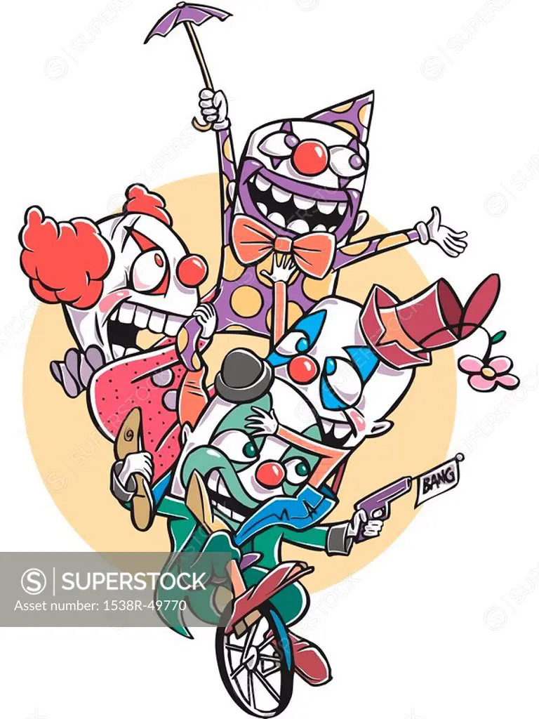 Four clowns on a unicycle