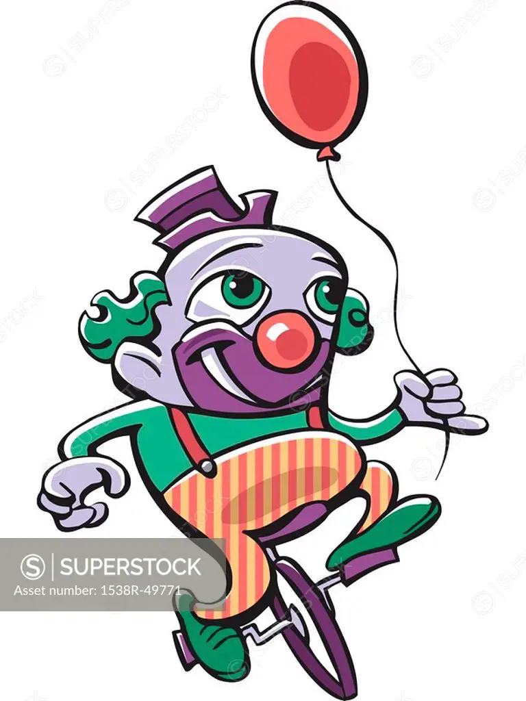 A clown holding a balloon while riding a unicycle