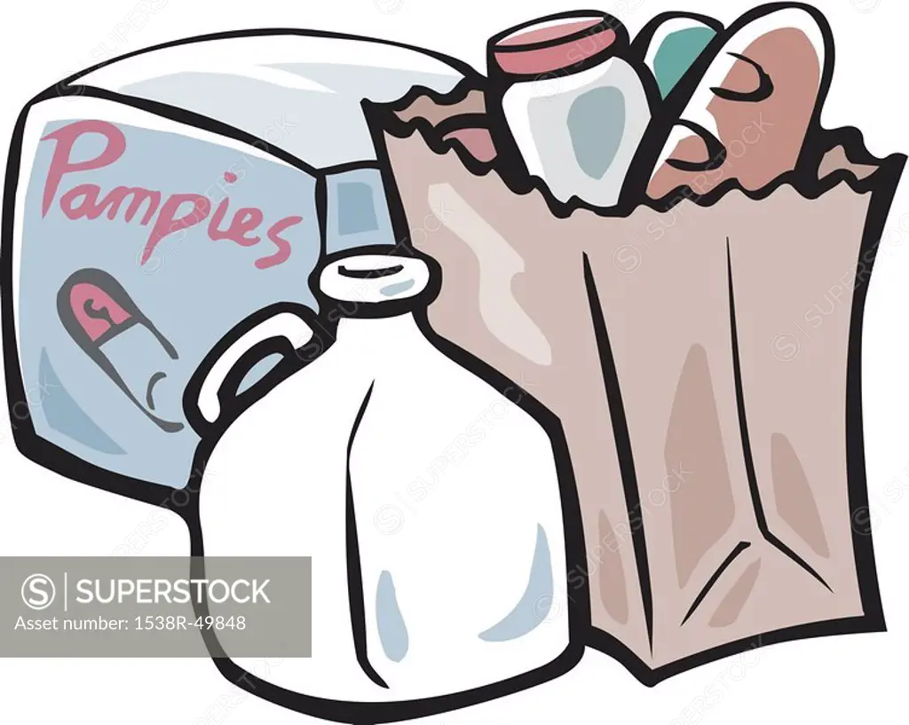A drawing of grocery products including baby nappies and a bottle of milk