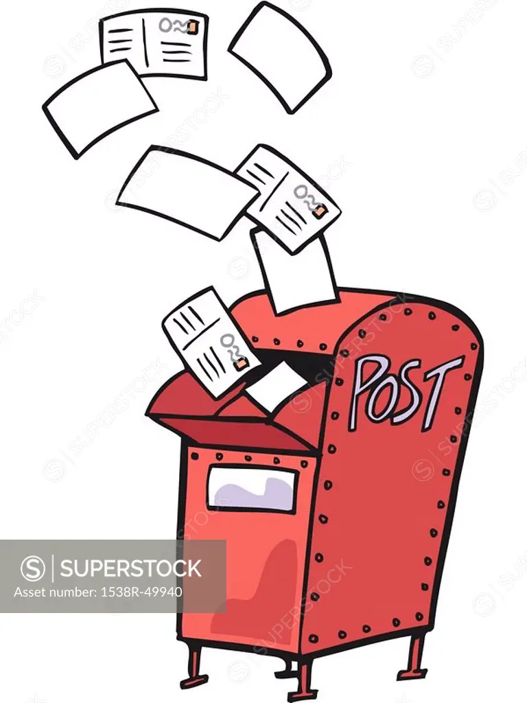Drawing of a red mail box with letters flying out
