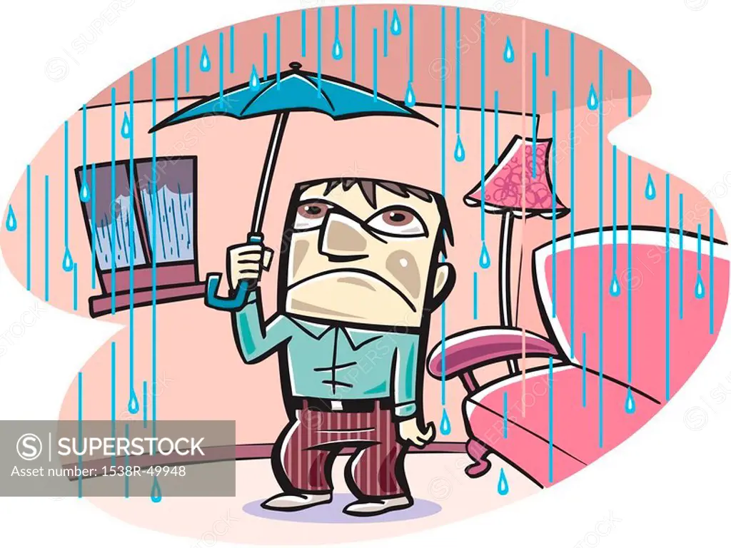 A man holding an umbrella in a leaky house