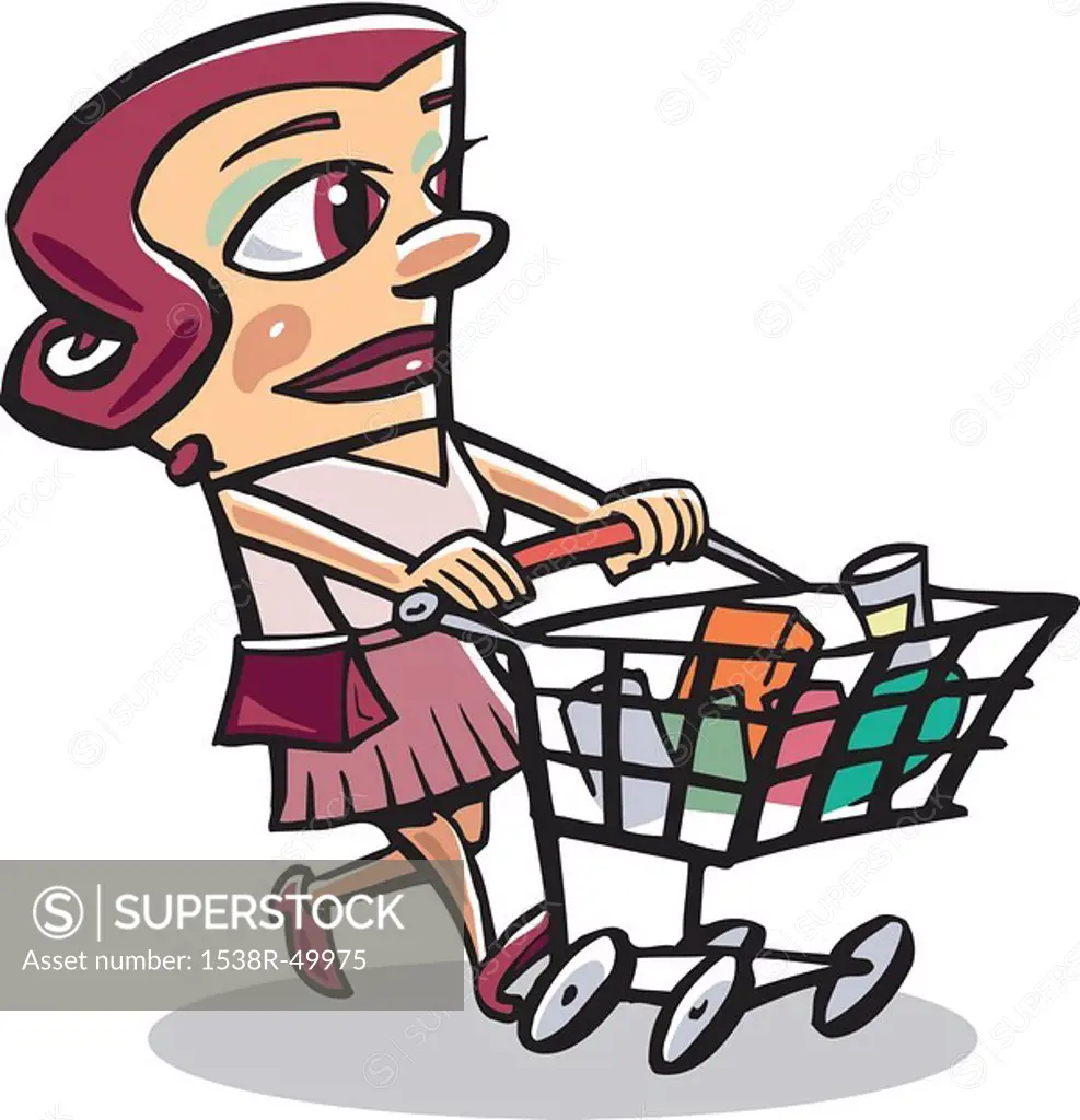 A woman pushing a grocery shopping cart