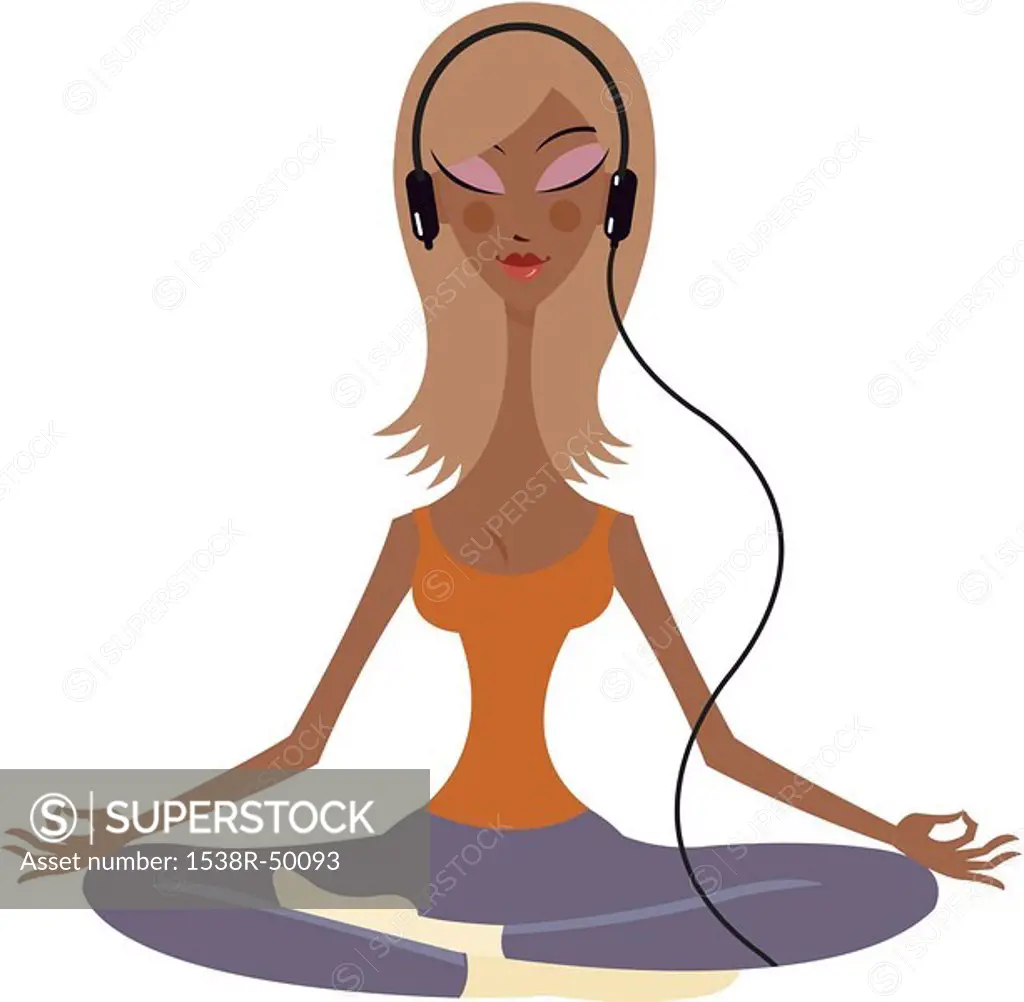 A woman with a headphone meditating in the lotus position