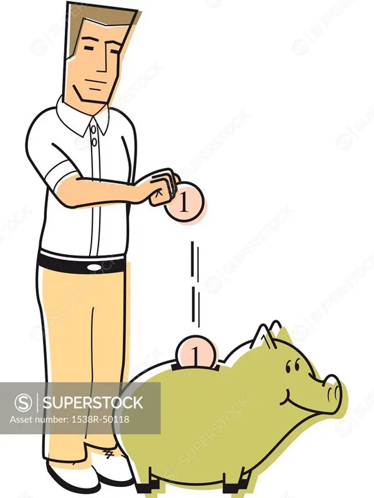 A man dropping coins into a piggy bank