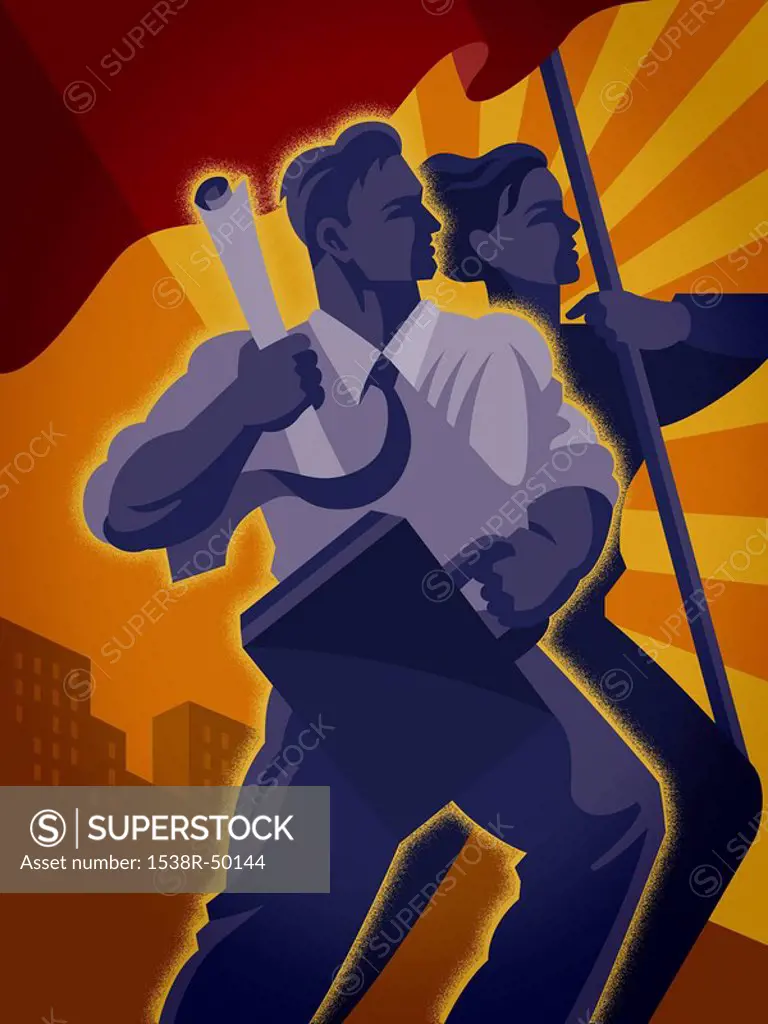 Illustration of a businessman and a businesswoman holding a flag