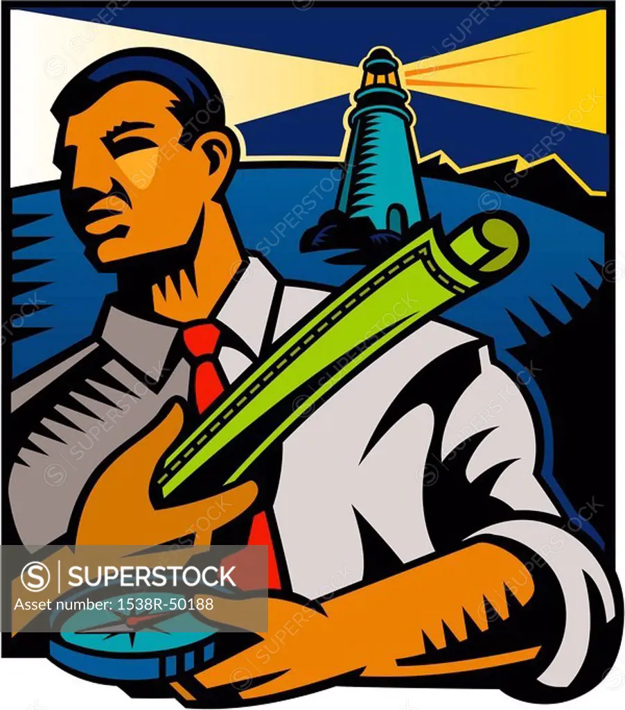 A businessman holding a map and compass tries to find his way, while a lighthouse shines behind him