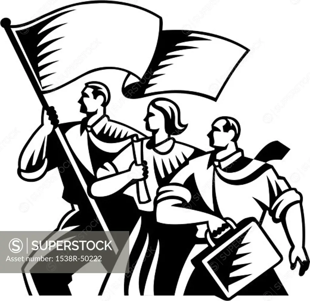 A trio of businesspeople, with one carrying a flag