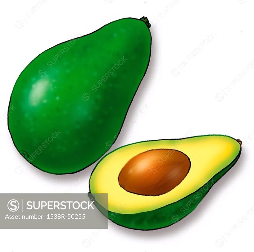 A halved avocado with the large seed visible