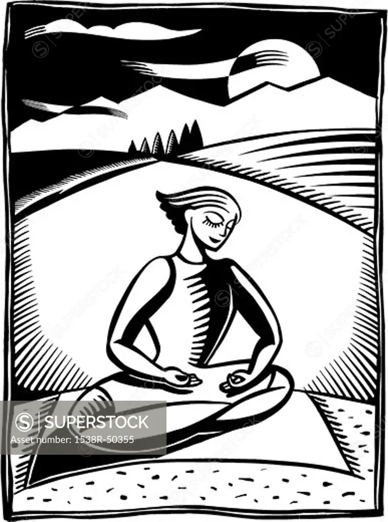 A black and white illustration of a woman meditating in lotus position