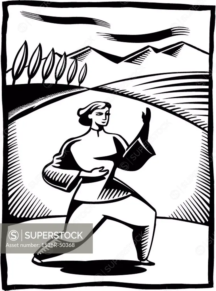 A black and white drawing of a woman doing outdoor Tai Chi