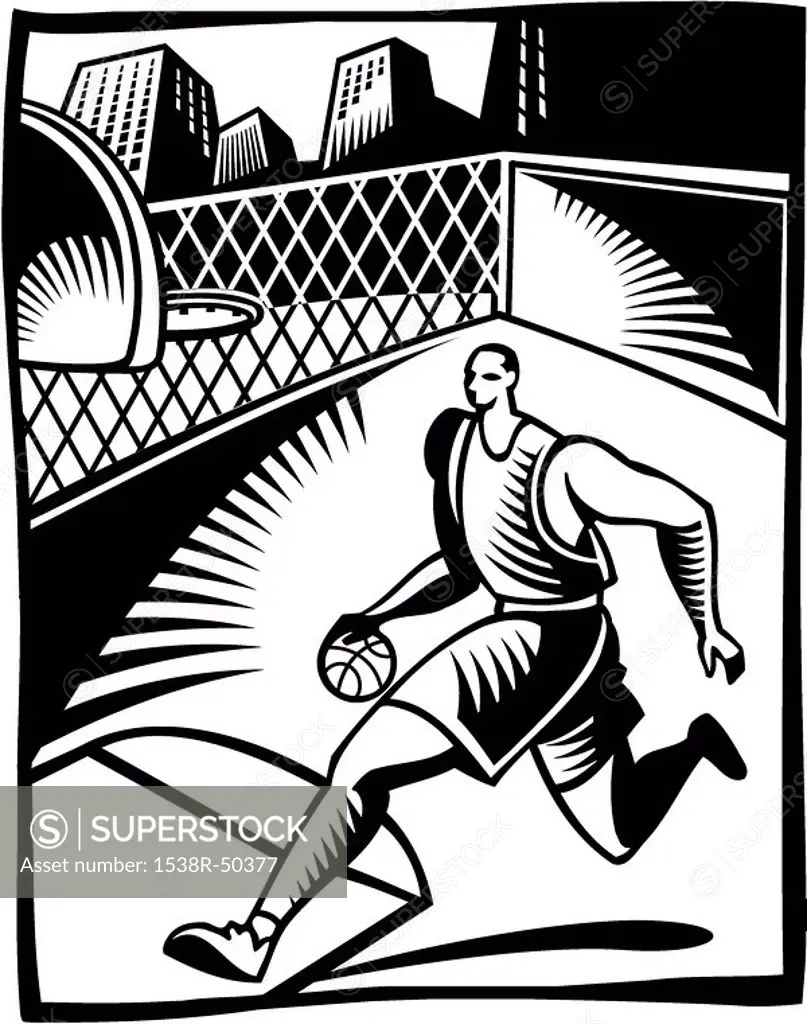 A black and white illustration of a basketball player running in a court