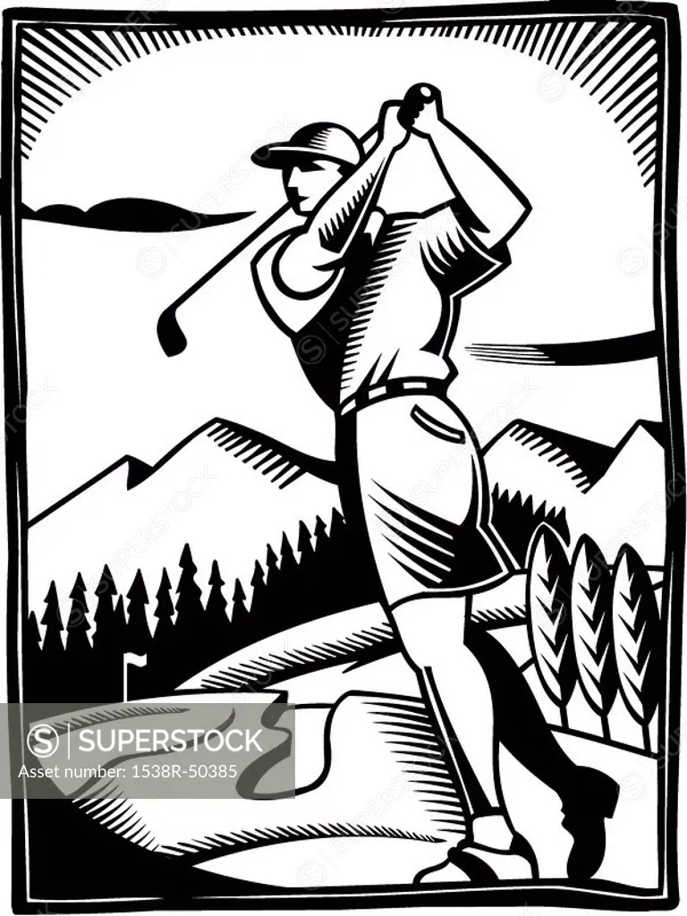 A black and white drawing of a golfer at a golf course