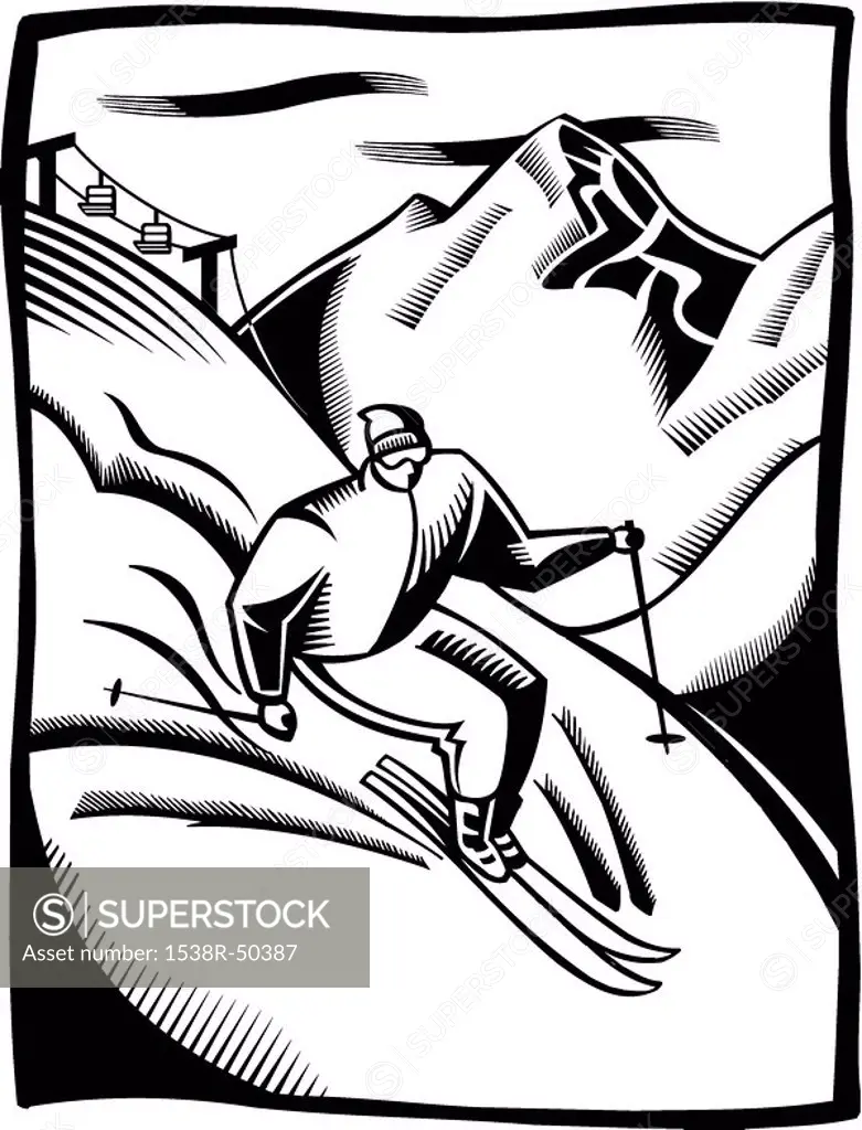 A black and white illustration of a man skiing downhill
