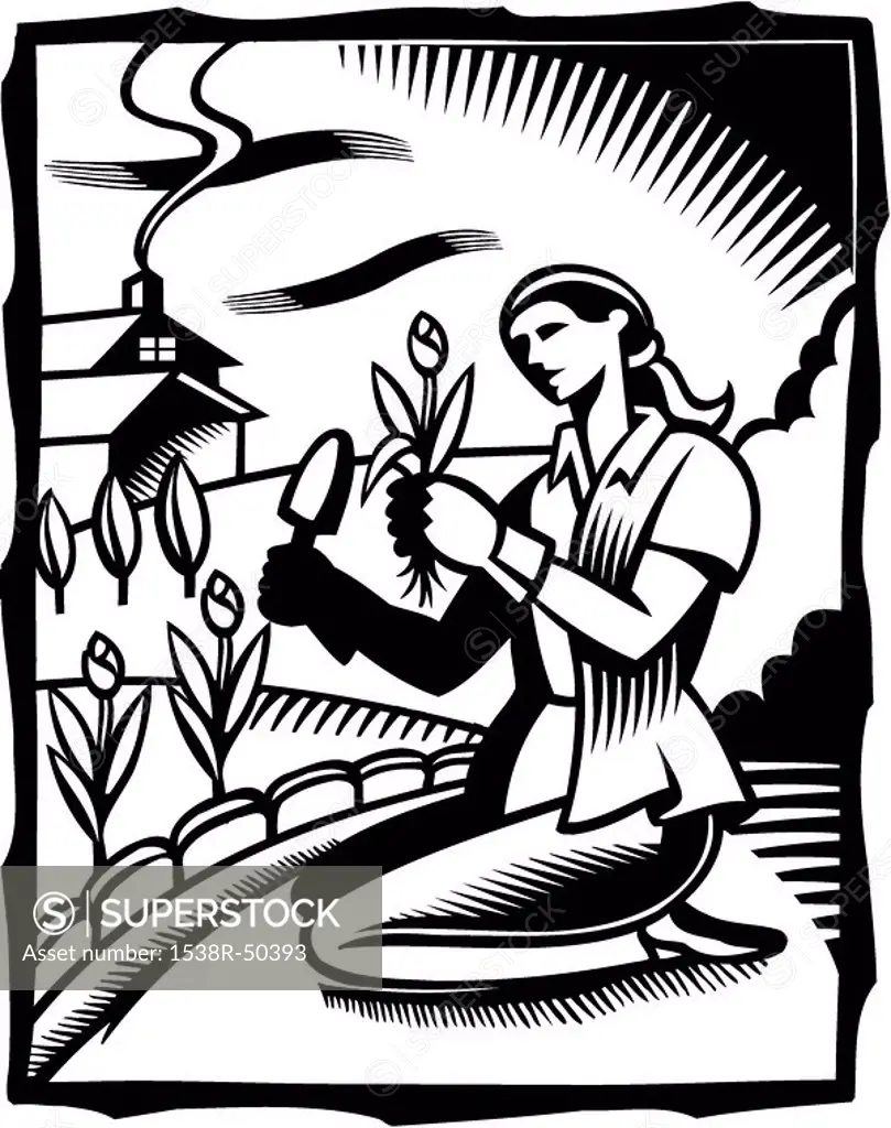 A black and white drawing of a woman doing gardening