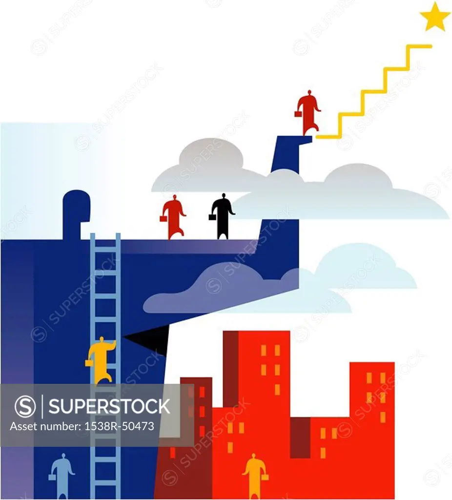 An illustration of employees climbing the corporate ladder