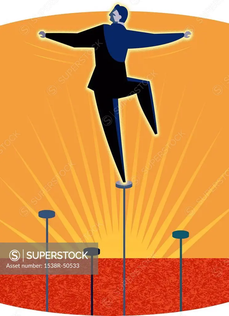 A businessman balancing on a pole