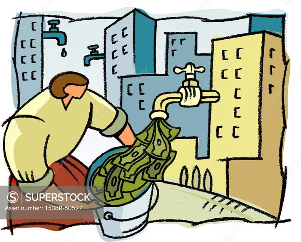 A woman filling a bucket with money