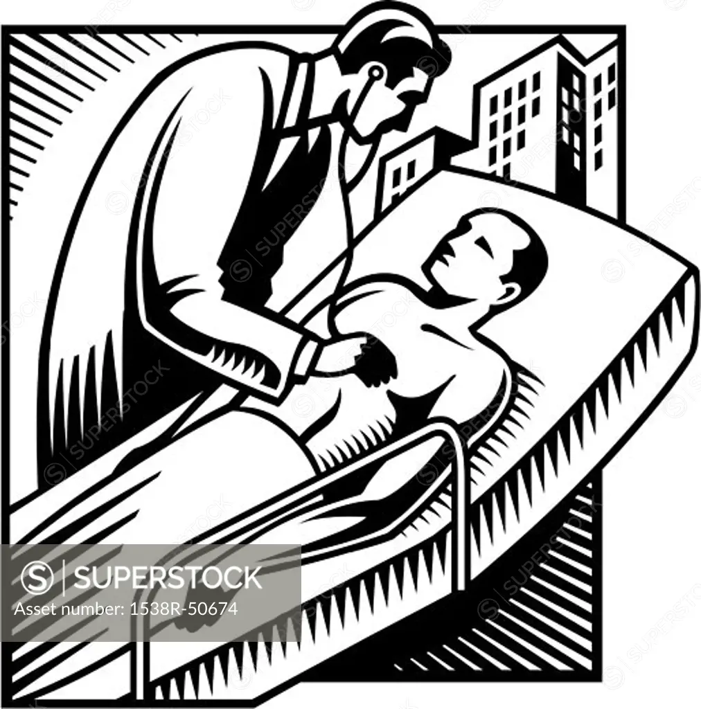 A black and white illustration of a doctor listening to a patient's heartbeat