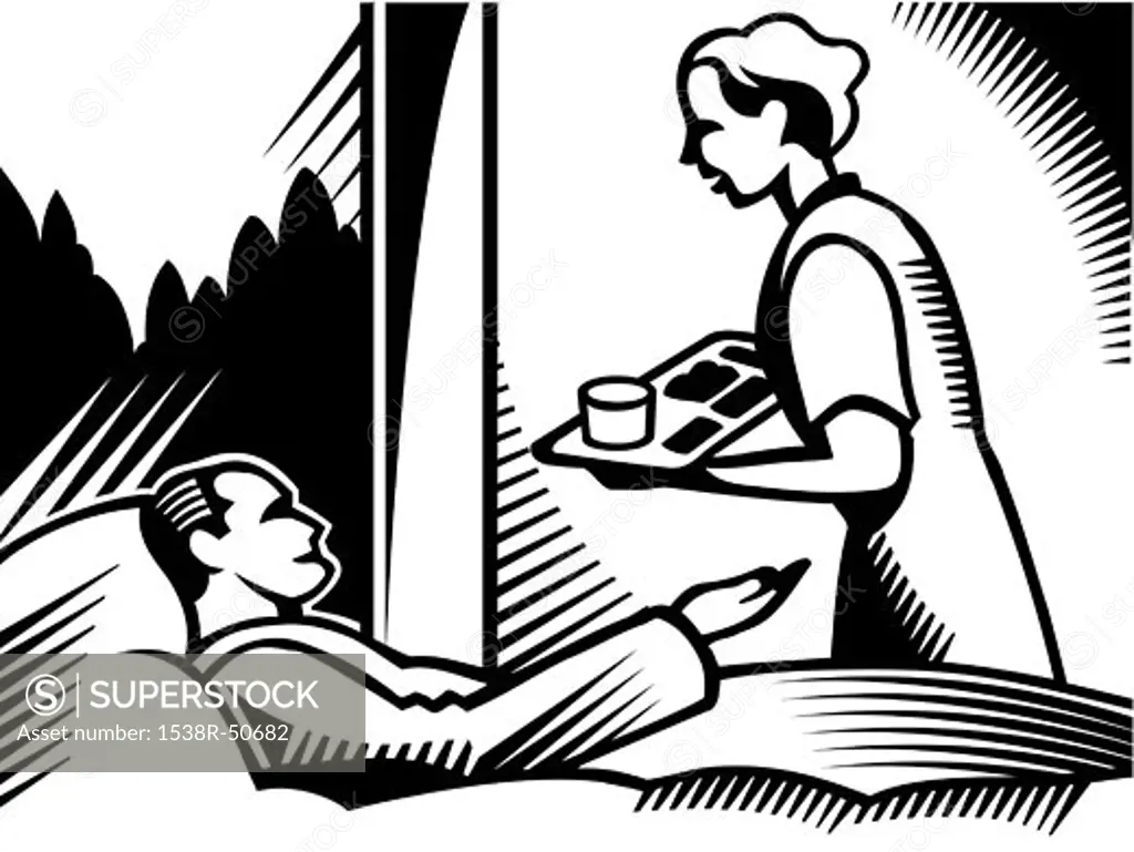 A drawing of a nurse bringing food to a patient in black and white