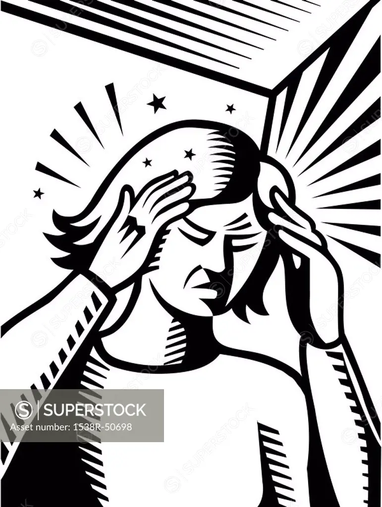 A woman having a bad migraine pain shown in black and white