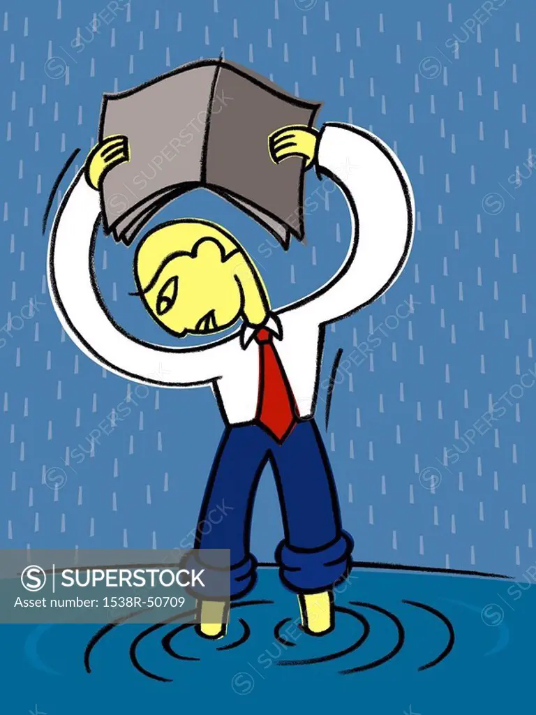 A businessman stranded in a flood during a heavy rain