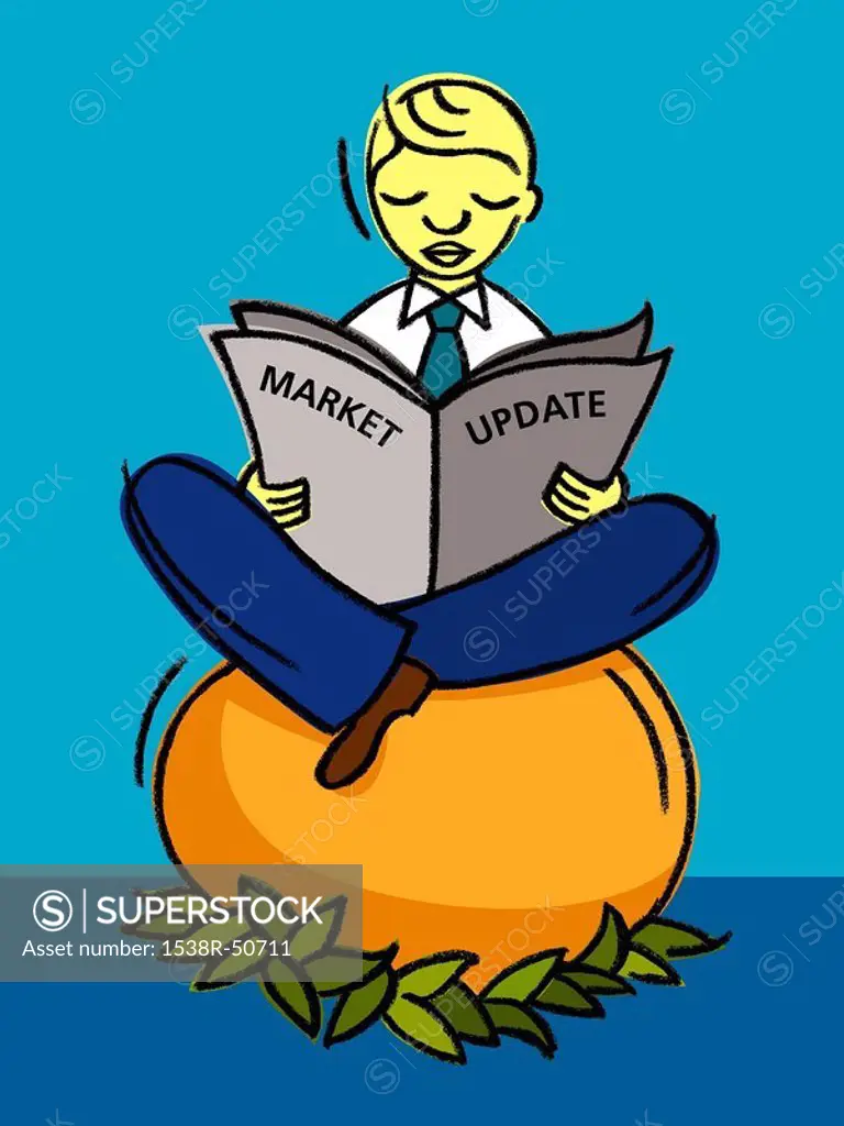 A businessman sits on an egg while reading business news