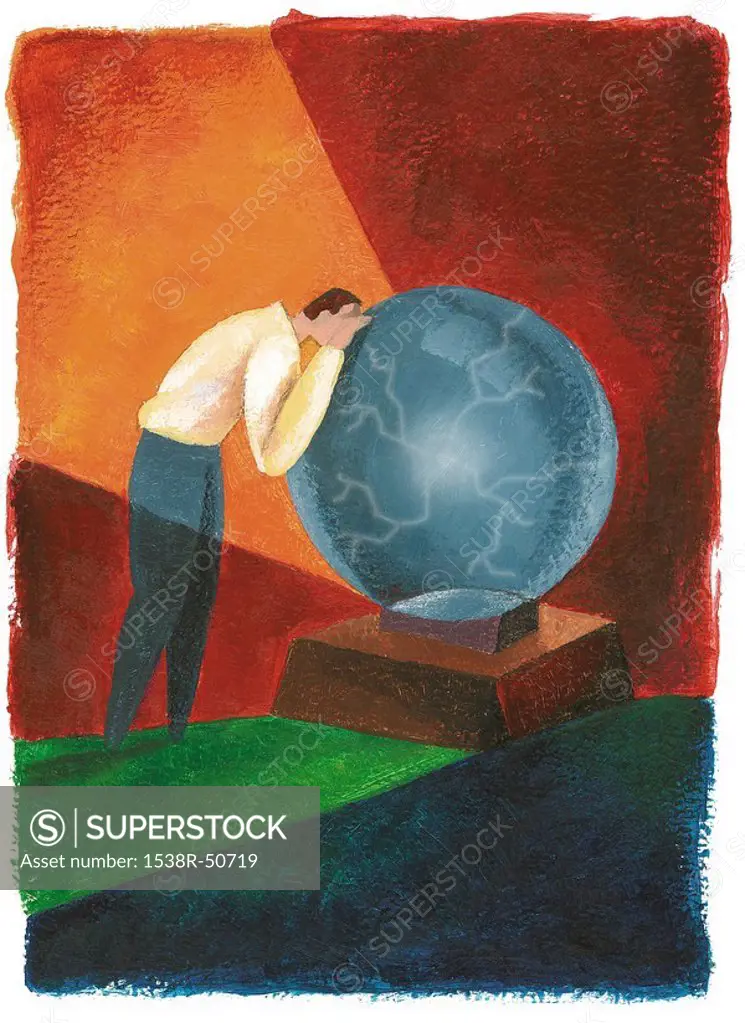 A man looking into a huge crystal ball