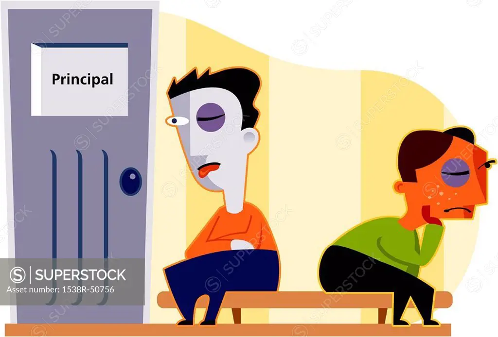 Two boys, each with a black eye, wait outside the principals office