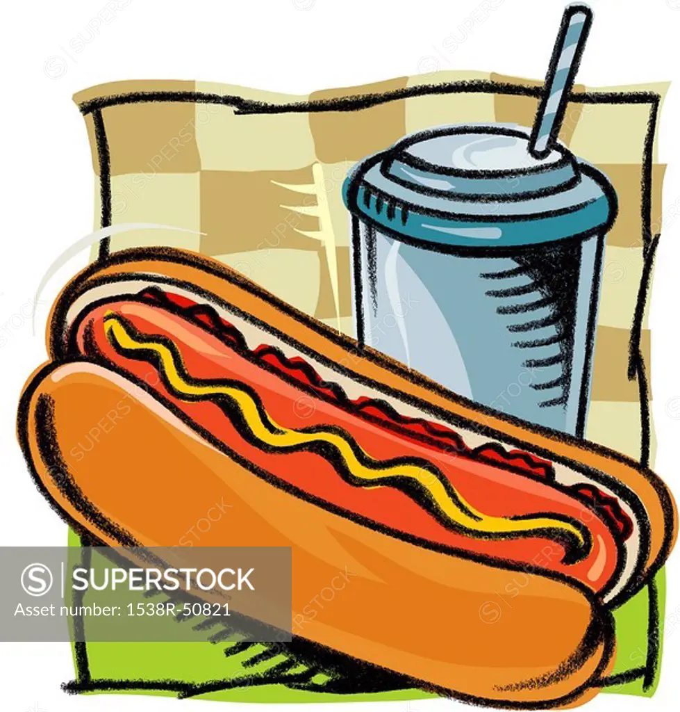A picture of a hotdog and a cup of soda