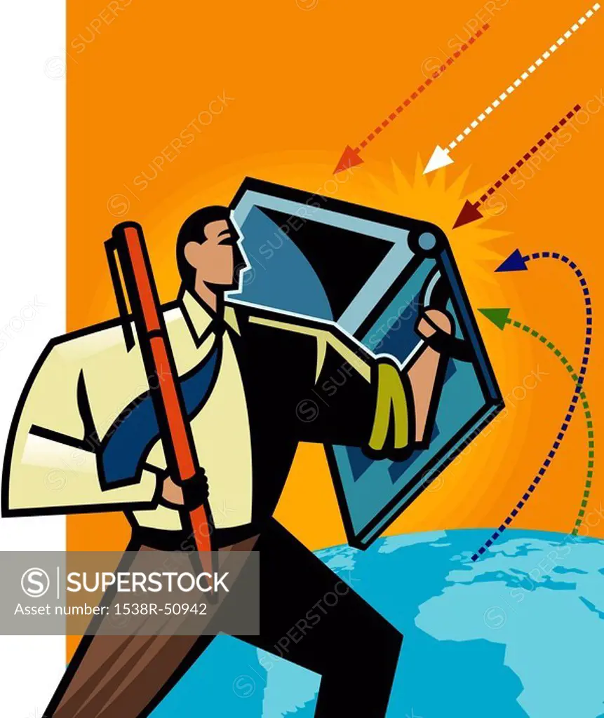 An illustration of a modern business with a laptop as his shield