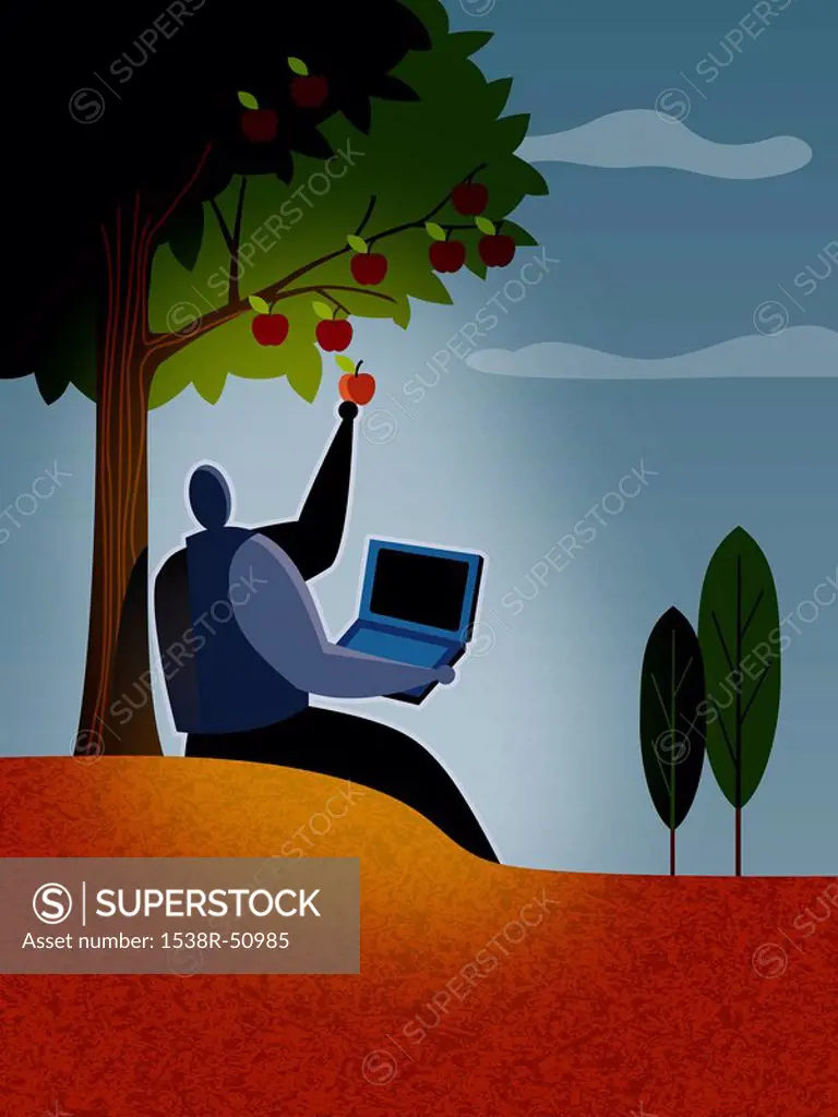 A businessman picking apples from a tree