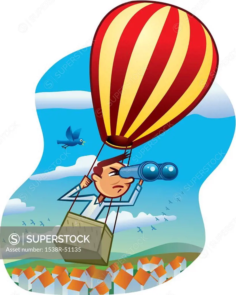 A man looking through binoculars while on a hot air balloon