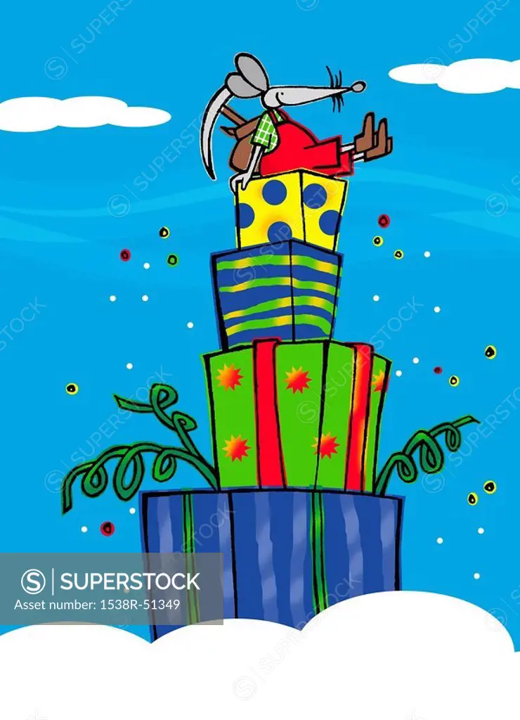 a mouse at the top of a mountain of presents