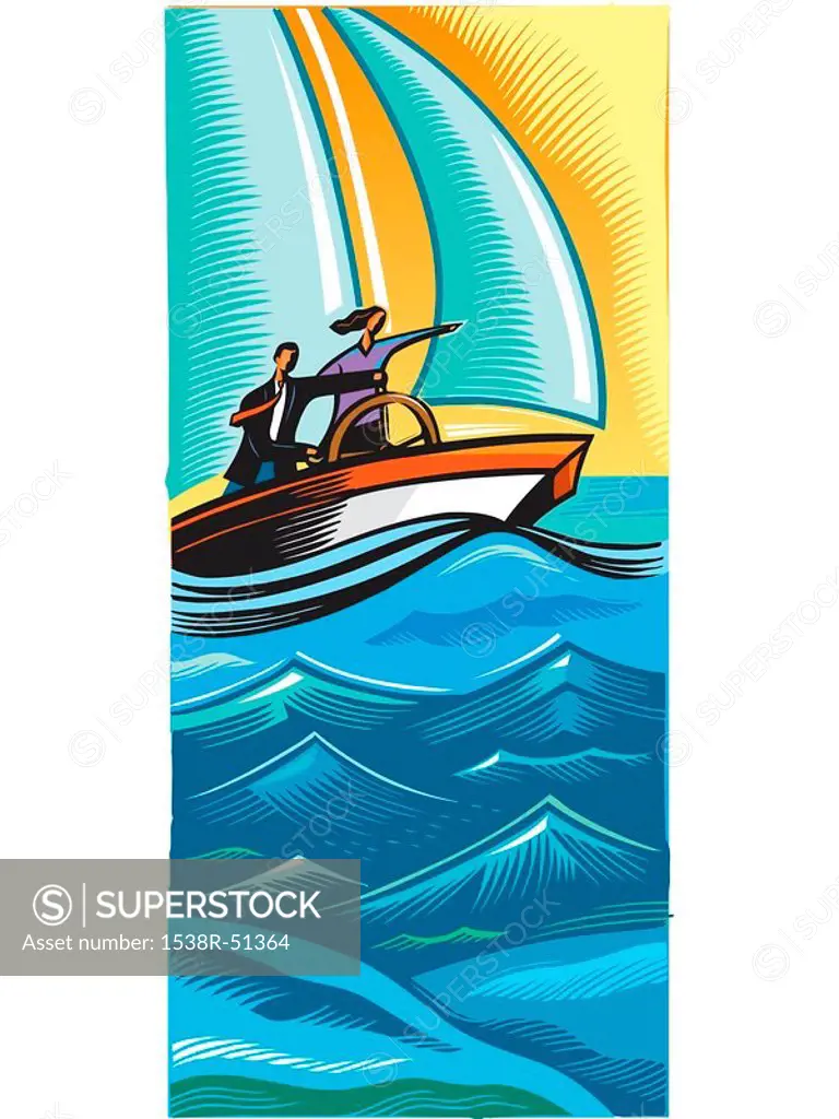 Two business people navigating in a sailboat