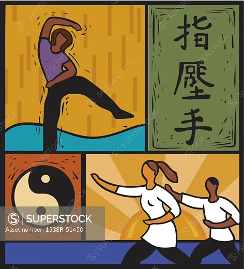 Illustration of people doing tai chi and martial arts