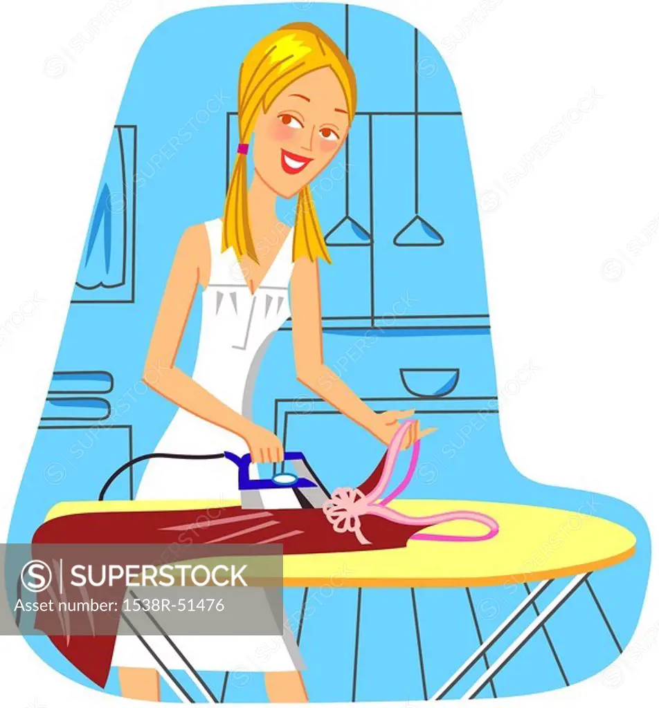 A woman ironing a dress