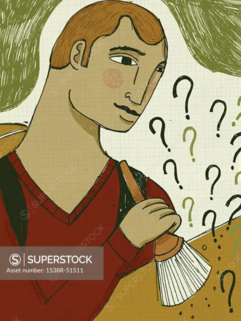 A young man wearing a backpack and sweeping up question marks