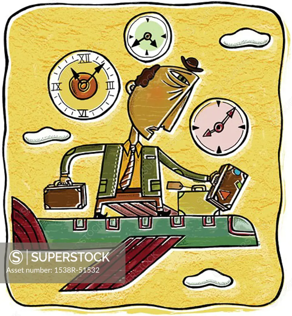 A weary business traveler riding a plane through different time zones