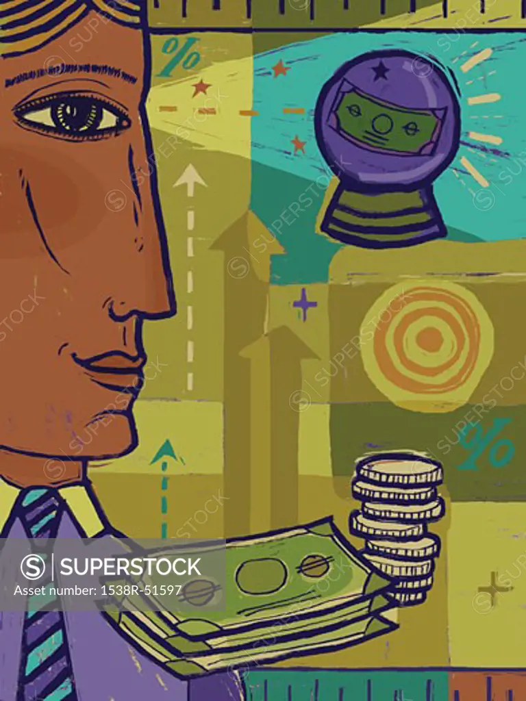 A man looking at a crystal ball with money inside, and in the foreground is a stack of bills and coins