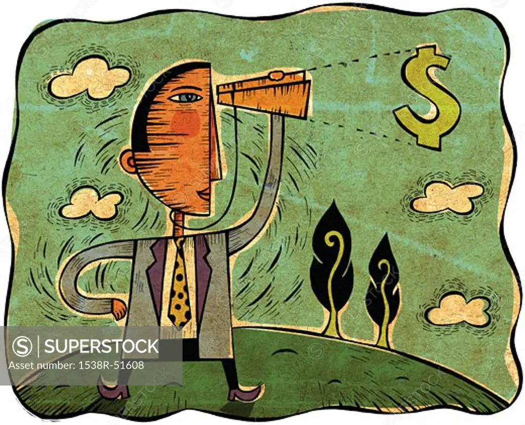 Businessman looking at a dollar sign through a telescope