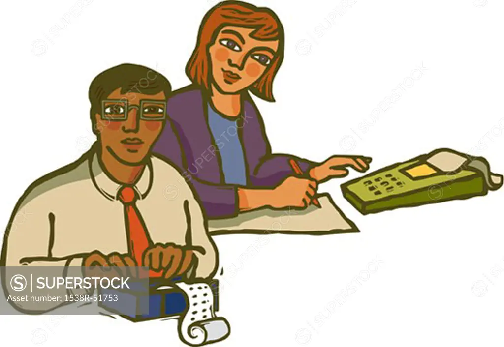 Two accountants using calculators as they work