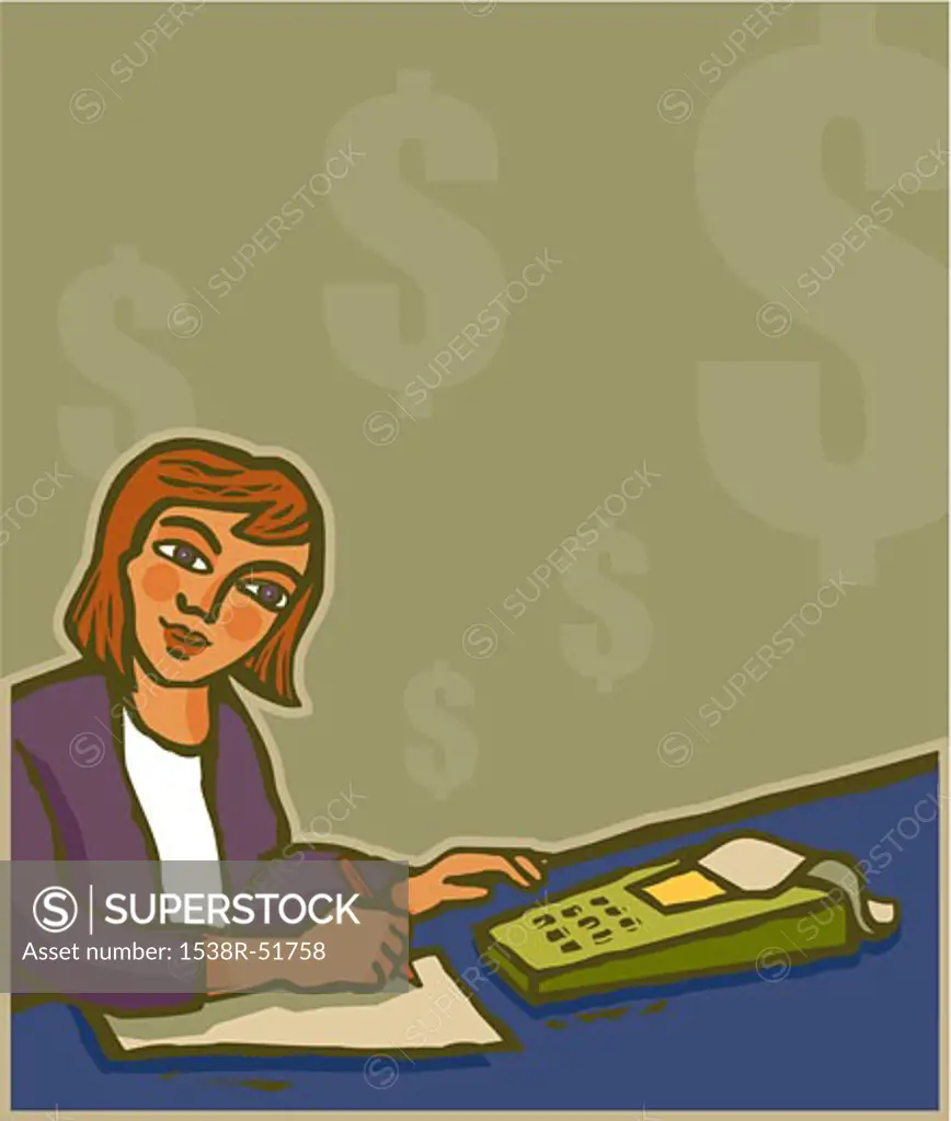 A businesswoman using a calculator while writing on paper