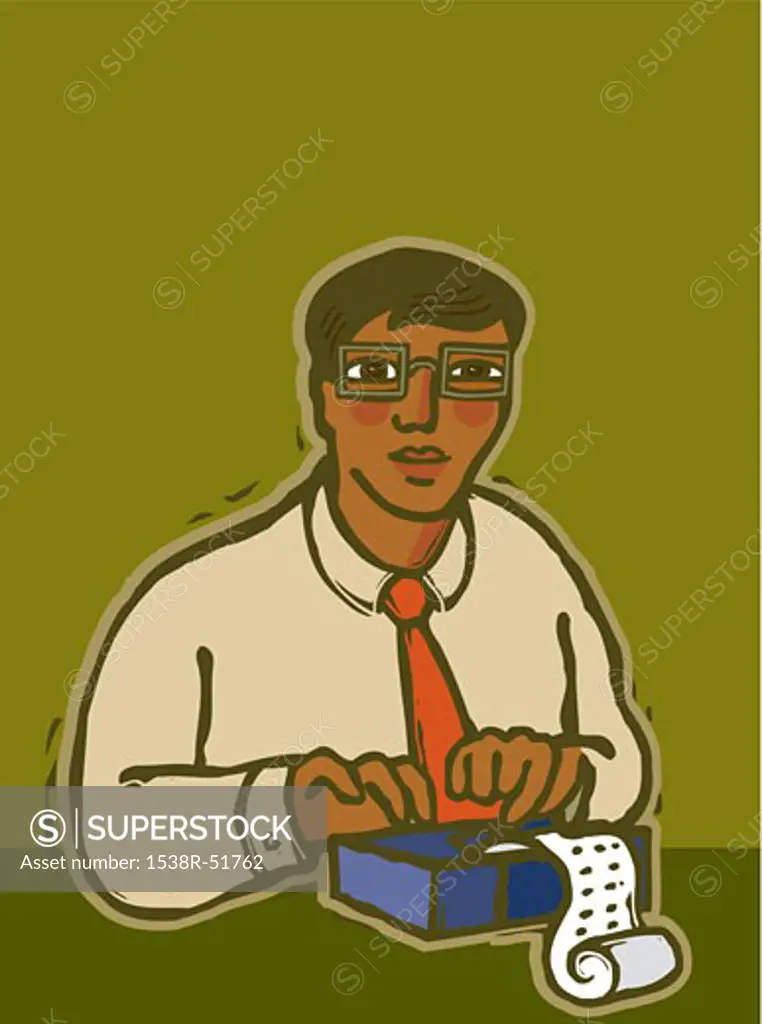 A businessman using a calculator on green background
