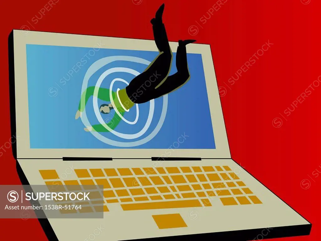 A businessman diving into the screen of a laptop